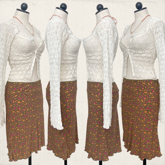 Free People IRL Floral Skirt Mini Green Yellow Pink Combo Satin Silk Low-Rise 4 - Picture 5 of 6